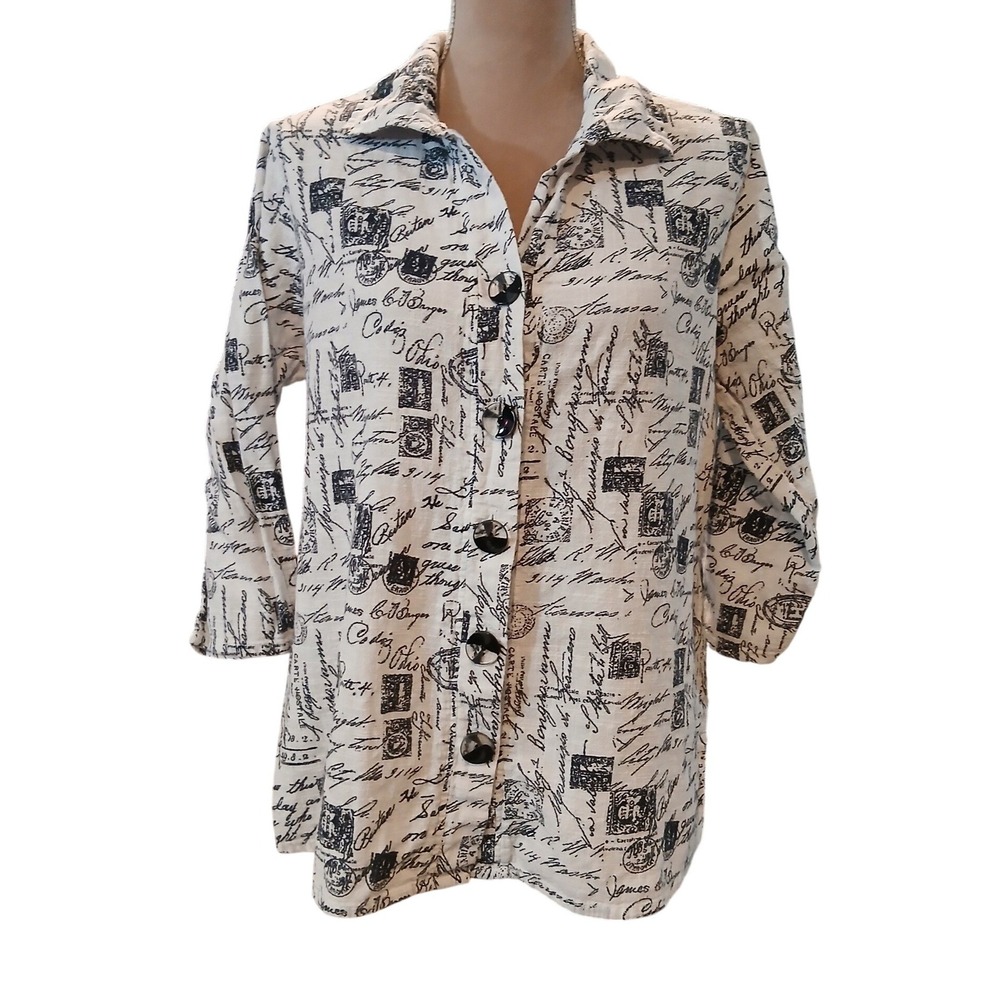 Parsley & Sage Large Womens Cotton Script Print Button Down Top White Black